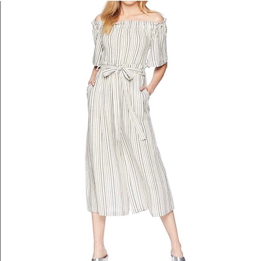 BCBGMAXAZRIA Linen Striped Off Shoulder Crop Jumpsuit EUC XS
